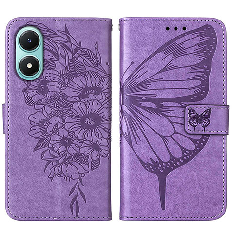 Funda de Cuero Cartera con Soporte Mariposa Carcasa Y01B para Vivo Y02S Purpura Claro