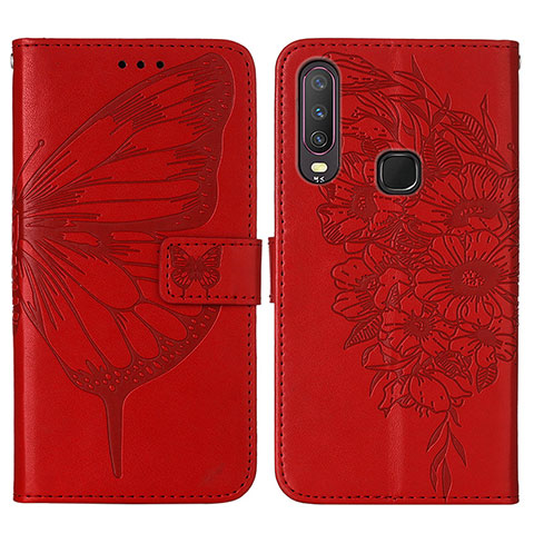 Funda de Cuero Cartera con Soporte Mariposa Carcasa Y01B para Vivo Y12 Rojo