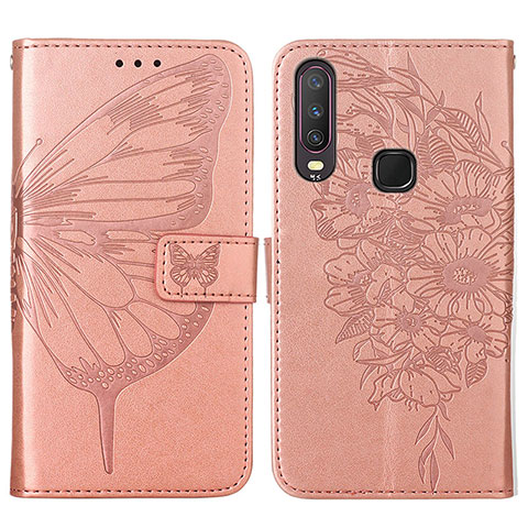 Funda de Cuero Cartera con Soporte Mariposa Carcasa Y01B para Vivo Y17 Oro Rosa