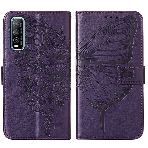 Funda de Cuero Cartera con Soporte Mariposa Carcasa Y01B para Vivo Y50t Morado