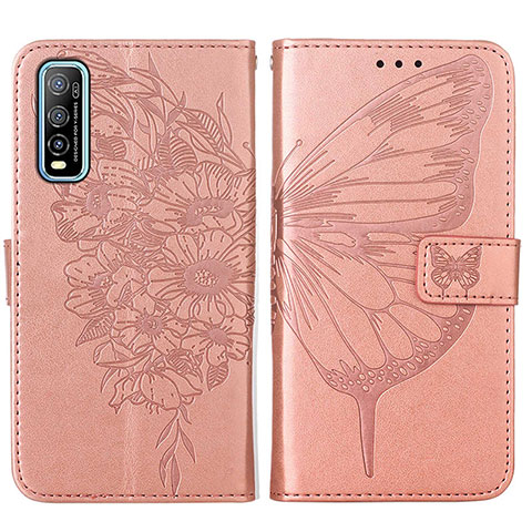 Funda de Cuero Cartera con Soporte Mariposa Carcasa Y01B para Vivo Y70S 5G Oro Rosa