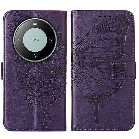 Funda de Cuero Cartera con Soporte Mariposa Carcasa YB2 para Huawei Mate 60 Pro Morado