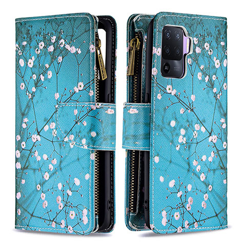 Funda de Cuero Cartera con Soporte Patron de Moda Carcasa B04F para Oppo Reno5 F Cian