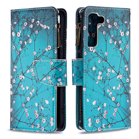 Funda de Cuero Cartera con Soporte Patron de Moda Carcasa B04F para Samsung Galaxy S21 FE 5G Cian