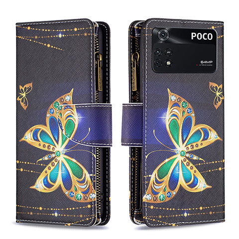 Funda de Cuero Cartera con Soporte Patron de Moda Carcasa B04F para Xiaomi Poco M4 Pro 4G Negro