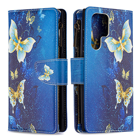 Funda de Cuero Cartera con Soporte Patron de Moda Carcasa B05F para Samsung Galaxy S22 Ultra 5G Azul