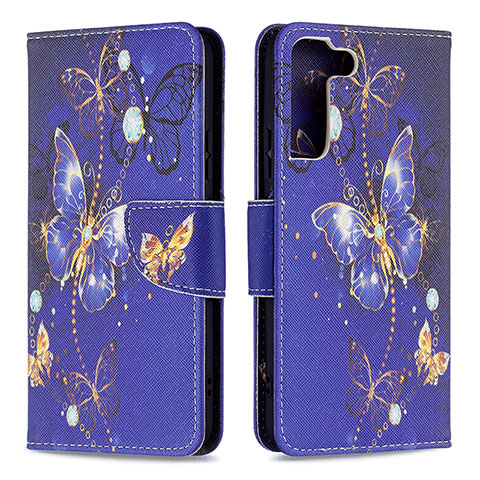 Funda de Cuero Cartera con Soporte Patron de Moda Carcasa B09F para Samsung Galaxy S21 FE 5G Azul Real