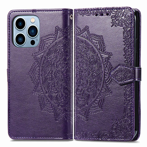 Funda de Cuero Cartera con Soporte Patron de Moda Carcasa H06 para Apple iPhone 14 Pro Max Morado