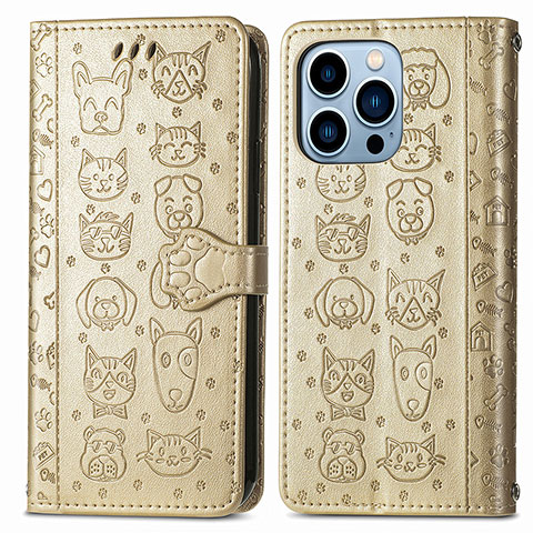 Funda de Cuero Cartera con Soporte Patron de Moda Carcasa H12 para Apple iPhone 14 Pro Oro