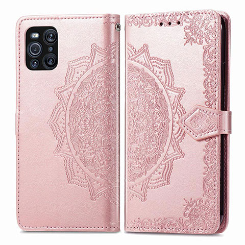 Funda de Cuero Cartera con Soporte Patron de Moda Carcasa para Oppo Find X3 5G Oro Rosa