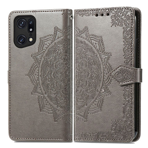 Funda de Cuero Cartera con Soporte Patron de Moda Carcasa para Oppo Find X5 5G Gris