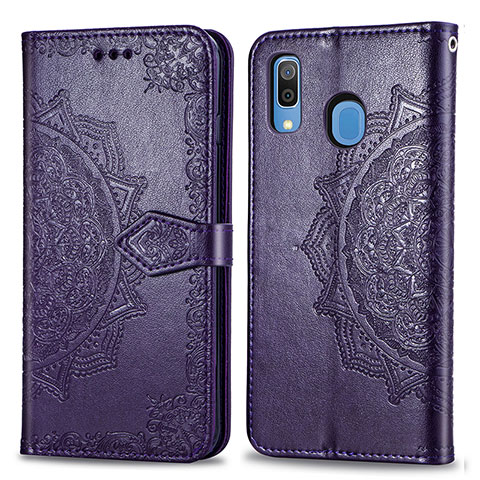 Funda de Cuero Cartera con Soporte Patron de Moda Carcasa para Samsung Galaxy A20 Morado