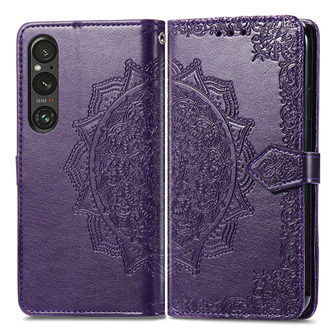 Funda de Cuero Cartera con Soporte Patron de Moda Carcasa para Sony Xperia 1 V Morado