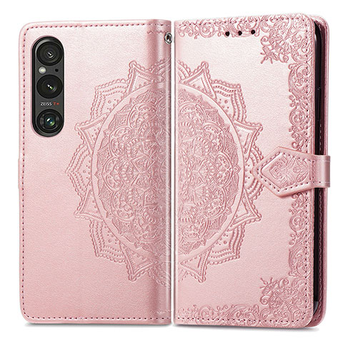 Funda de Cuero Cartera con Soporte Patron de Moda Carcasa para Sony Xperia 1 V Oro Rosa