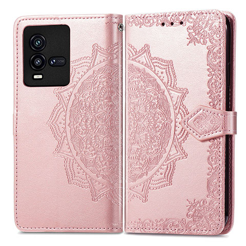 Funda de Cuero Cartera con Soporte Patron de Moda Carcasa para Vivo iQOO 9T 5G Oro Rosa