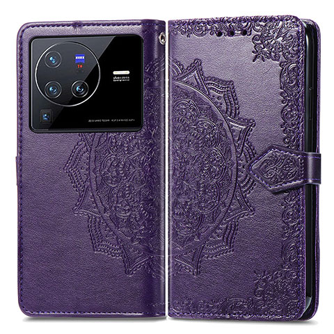 Funda de Cuero Cartera con Soporte Patron de Moda Carcasa para Vivo X80 Pro 5G Morado