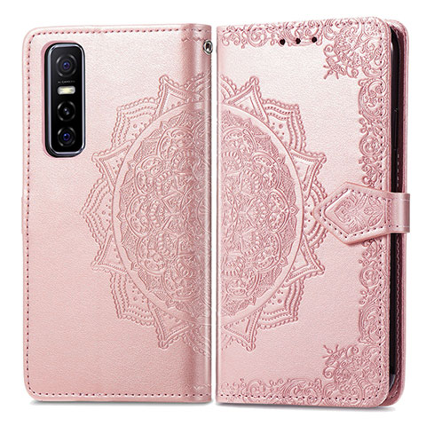 Funda de Cuero Cartera con Soporte Patron de Moda Carcasa para Vivo Y73s 5G Oro Rosa