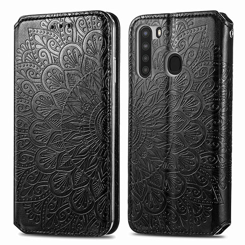 Funda de Cuero Cartera con Soporte Patron de Moda Carcasa S01D para Samsung Galaxy A21 Negro