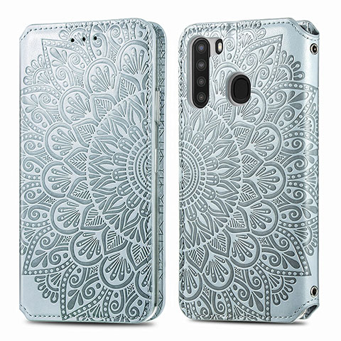 Funda de Cuero Cartera con Soporte Patron de Moda Carcasa S01D para Samsung Galaxy A21 Plata