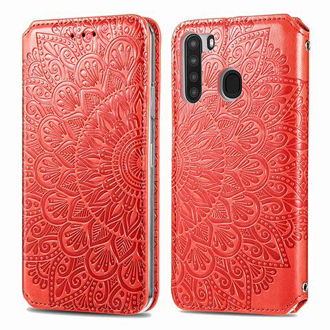 Funda de Cuero Cartera con Soporte Patron de Moda Carcasa S01D para Samsung Galaxy A21 Rojo