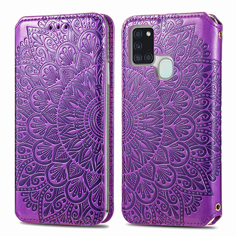 Funda de Cuero Cartera con Soporte Patron de Moda Carcasa S01D para Samsung Galaxy A21s Morado