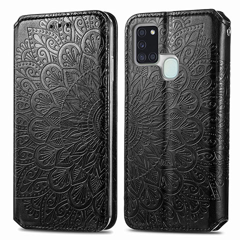 Funda de Cuero Cartera con Soporte Patron de Moda Carcasa S01D para Samsung Galaxy A21s Negro