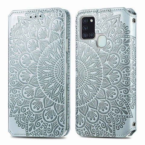 Funda de Cuero Cartera con Soporte Patron de Moda Carcasa S01D para Samsung Galaxy A21s Plata