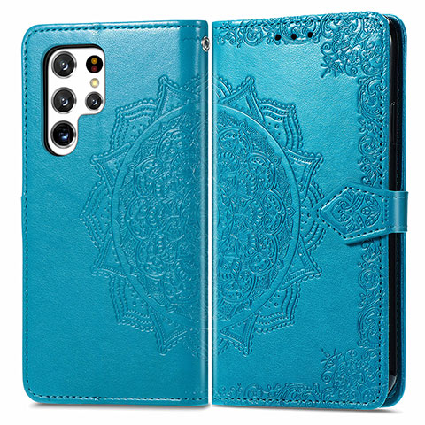 Funda de Cuero Cartera con Soporte Patron de Moda Carcasa S02D para Samsung Galaxy S22 Ultra 5G Azul