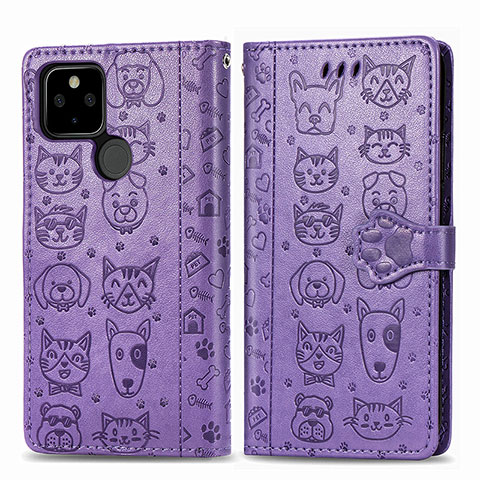 Funda de Cuero Cartera con Soporte Patron de Moda Carcasa S03D para Google Pixel 5 Morado