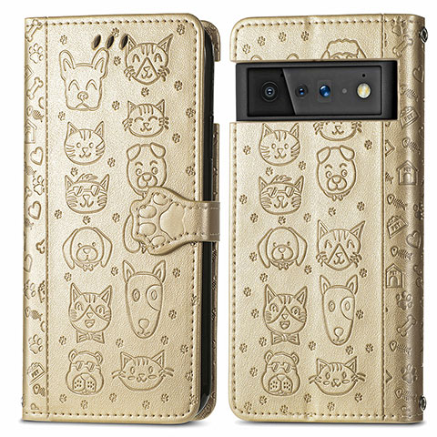 Funda de Cuero Cartera con Soporte Patron de Moda Carcasa S03D para Google Pixel 6 5G Oro