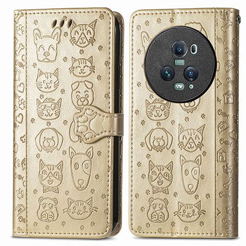 Funda de Cuero Cartera con Soporte Patron de Moda Carcasa S03D para Huawei Honor Magic5 Pro 5G Oro