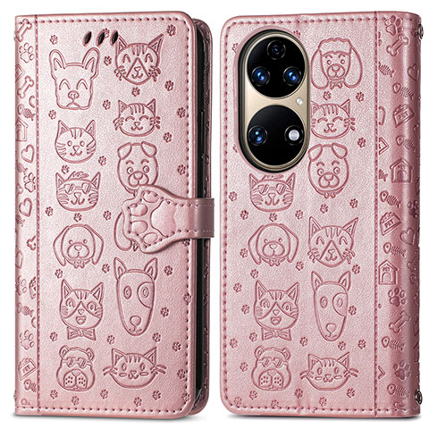 Funda de Cuero Cartera con Soporte Patron de Moda Carcasa S03D para Huawei P50 Pro Oro Rosa