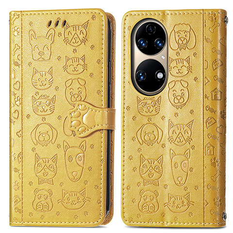 Funda de Cuero Cartera con Soporte Patron de Moda Carcasa S03D para Huawei P50e Amarillo