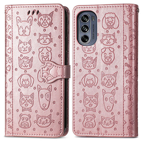 Funda de Cuero Cartera con Soporte Patron de Moda Carcasa S03D para Motorola Moto G62 5G Oro Rosa