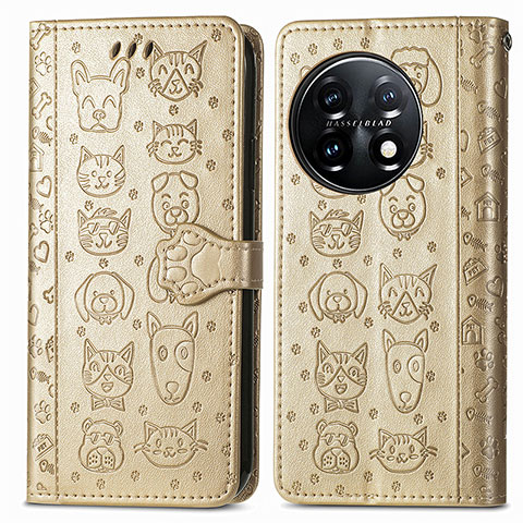 Funda de Cuero Cartera con Soporte Patron de Moda Carcasa S03D para OnePlus 11 5G Oro