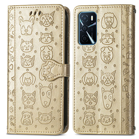 Funda de Cuero Cartera con Soporte Patron de Moda Carcasa S03D para Oppo A54s Oro