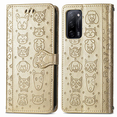 Funda de Cuero Cartera con Soporte Patron de Moda Carcasa S03D para Oppo A55 5G Oro