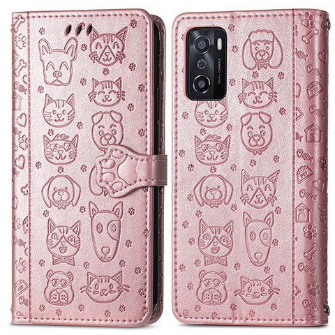 Funda de Cuero Cartera con Soporte Patron de Moda Carcasa S03D para Oppo A55S 5G Oro Rosa