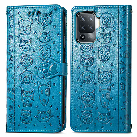 Funda de Cuero Cartera con Soporte Patron de Moda Carcasa S03D para Oppo F19 Pro Azul