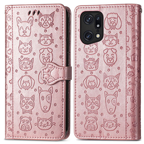 Funda de Cuero Cartera con Soporte Patron de Moda Carcasa S03D para Oppo Find X5 5G Oro Rosa