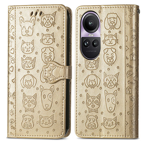 Funda de Cuero Cartera con Soporte Patron de Moda Carcasa S03D para Oppo Reno10 5G Oro