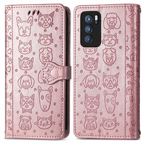 Funda de Cuero Cartera con Soporte Patron de Moda Carcasa S03D para Oppo Reno6 Pro 5G India Oro Rosa