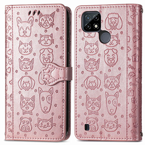 Funda de Cuero Cartera con Soporte Patron de Moda Carcasa S03D para Realme C25Y India Oro Rosa