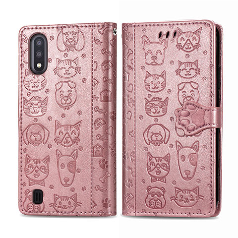 Funda de Cuero Cartera con Soporte Patron de Moda Carcasa S03D para Samsung Galaxy A01 SM-A015 Rosa