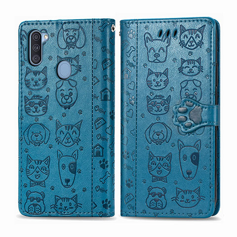 Funda de Cuero Cartera con Soporte Patron de Moda Carcasa S03D para Samsung Galaxy A11 Azul