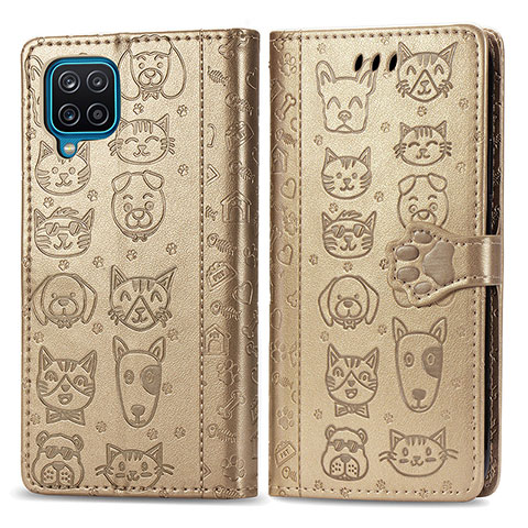 Funda de Cuero Cartera con Soporte Patron de Moda Carcasa S03D para Samsung Galaxy A12 5G Oro