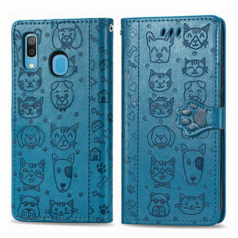 Funda de Cuero Cartera con Soporte Patron de Moda Carcasa S03D para Samsung Galaxy A20 Azul