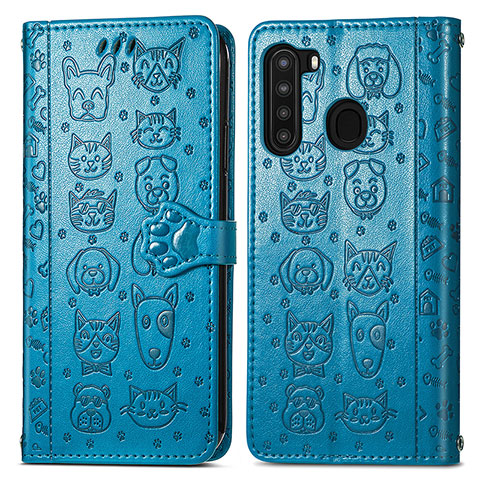 Funda de Cuero Cartera con Soporte Patron de Moda Carcasa S03D para Samsung Galaxy A21 Azul