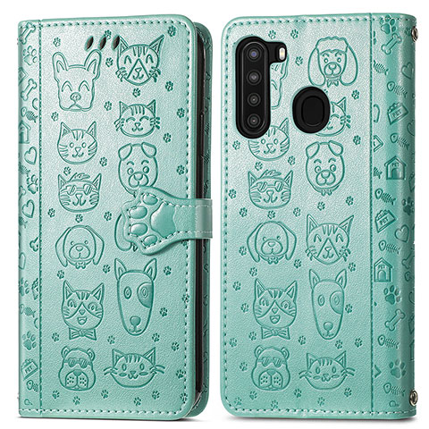 Funda de Cuero Cartera con Soporte Patron de Moda Carcasa S03D para Samsung Galaxy A21 Verde