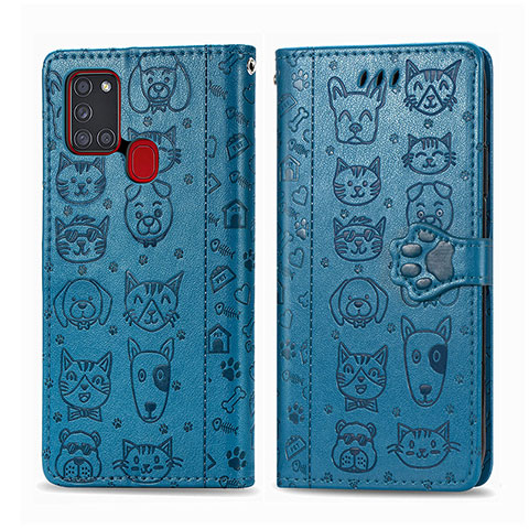 Funda de Cuero Cartera con Soporte Patron de Moda Carcasa S03D para Samsung Galaxy A21s Azul